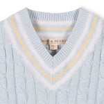 Light blue cable knit sweater with yellow trim and 'Hope & Henry' label.