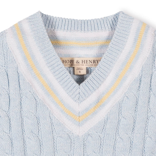 Light blue cable knit sweater with yellow trim and 'Hope & Henry' label.
