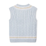 back of Light blue knitted vest with yellow trim on a white background