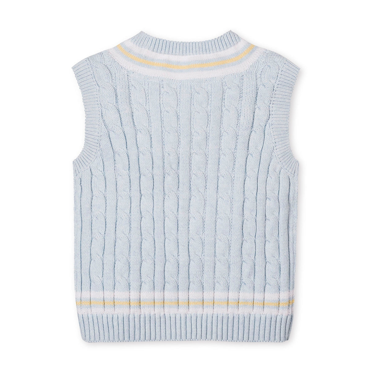 back of Light blue knitted vest with yellow trim on a white background