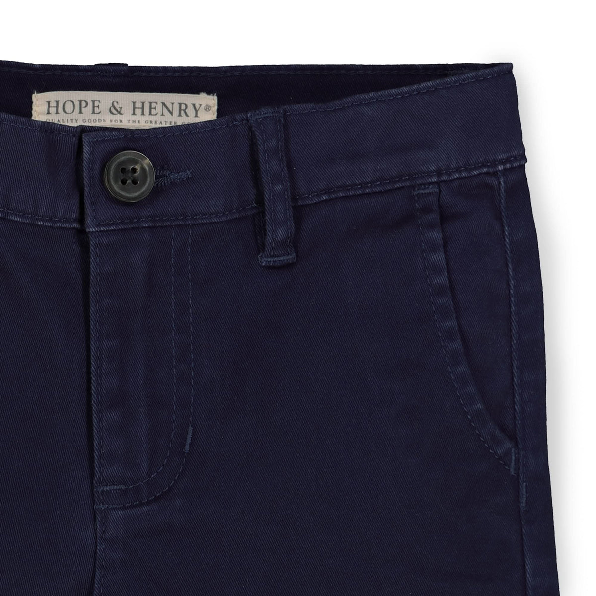 Navy blue pants with a button and 'Hope & Henry' label on a white background