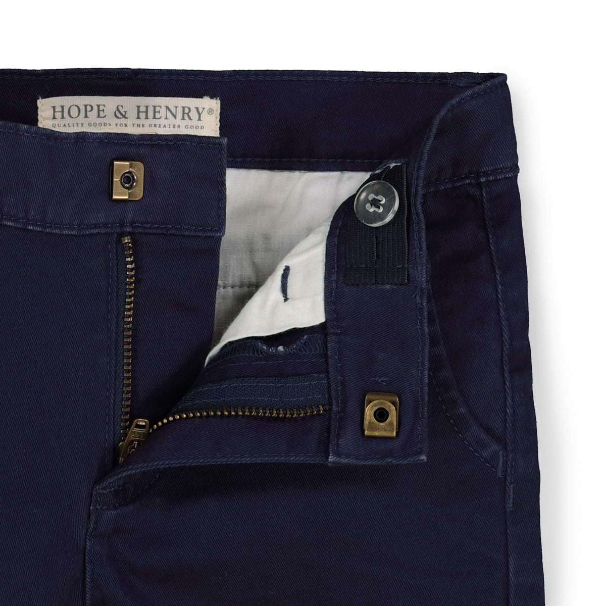 Navy blue pants with visible brand label on a white background