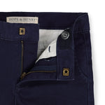 Navy blue pants with visible brand label on a white background