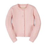 Pink cable knit cardigan on a white background