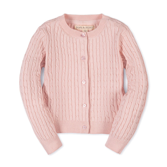 Pink cable knit cardigan on a white background