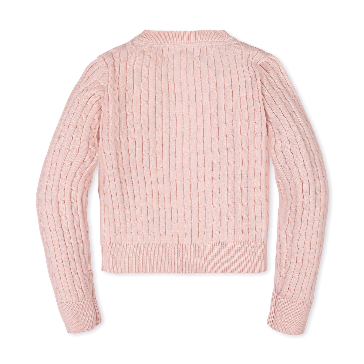 back of Pink cable knit sweater on a white background