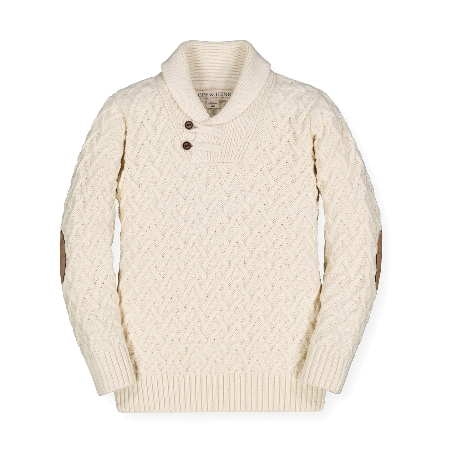Cream-colored sweater with button details on a white background