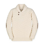 Cream-colored sweater with button details on a white background