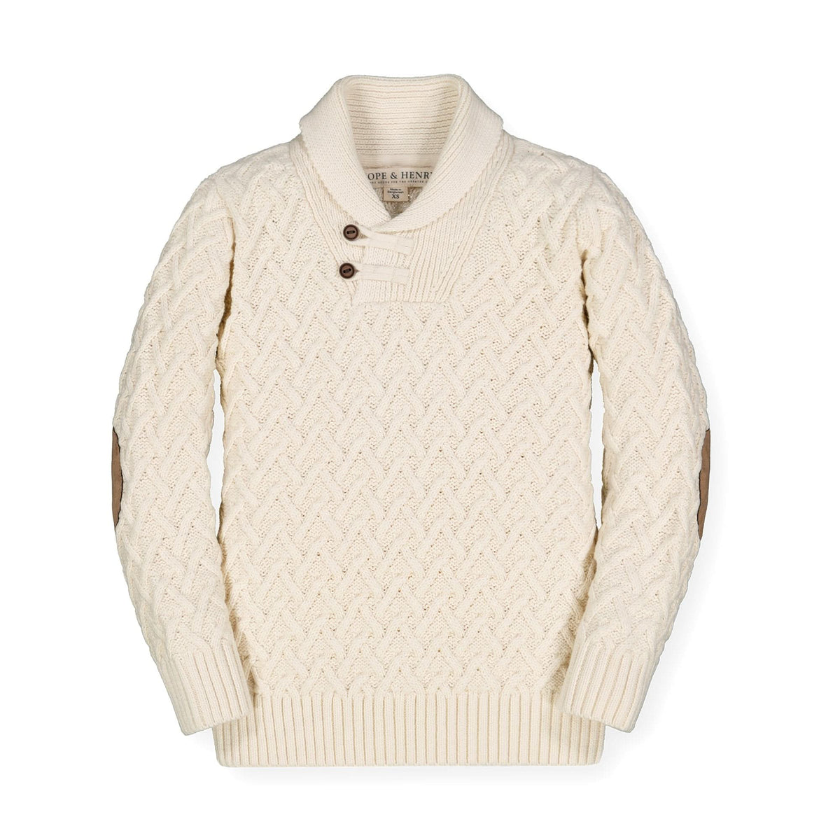 Cream-colored sweater with button details on a white background