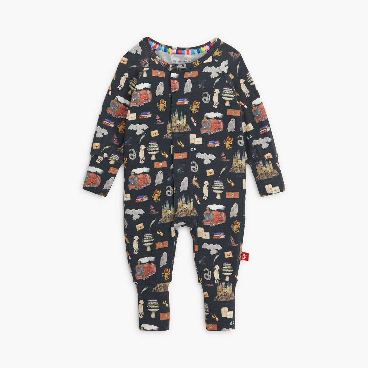 Children's Harry Potter coverall with a pattern of trains and other elements on a white background