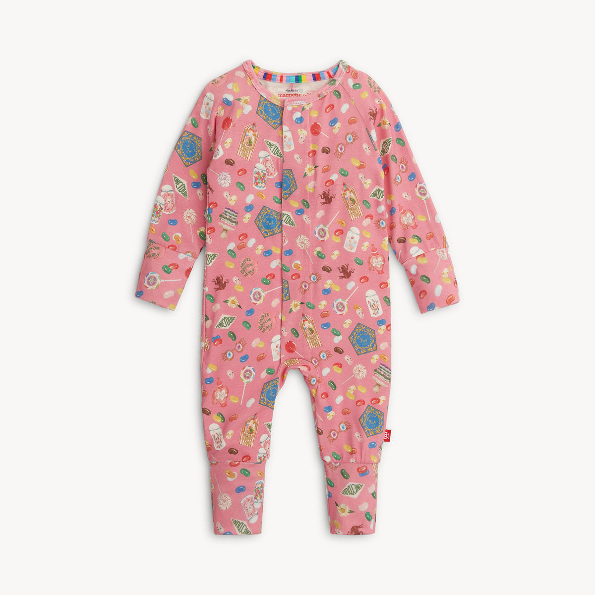 Pink children's onesie with colorful patterns on a white background