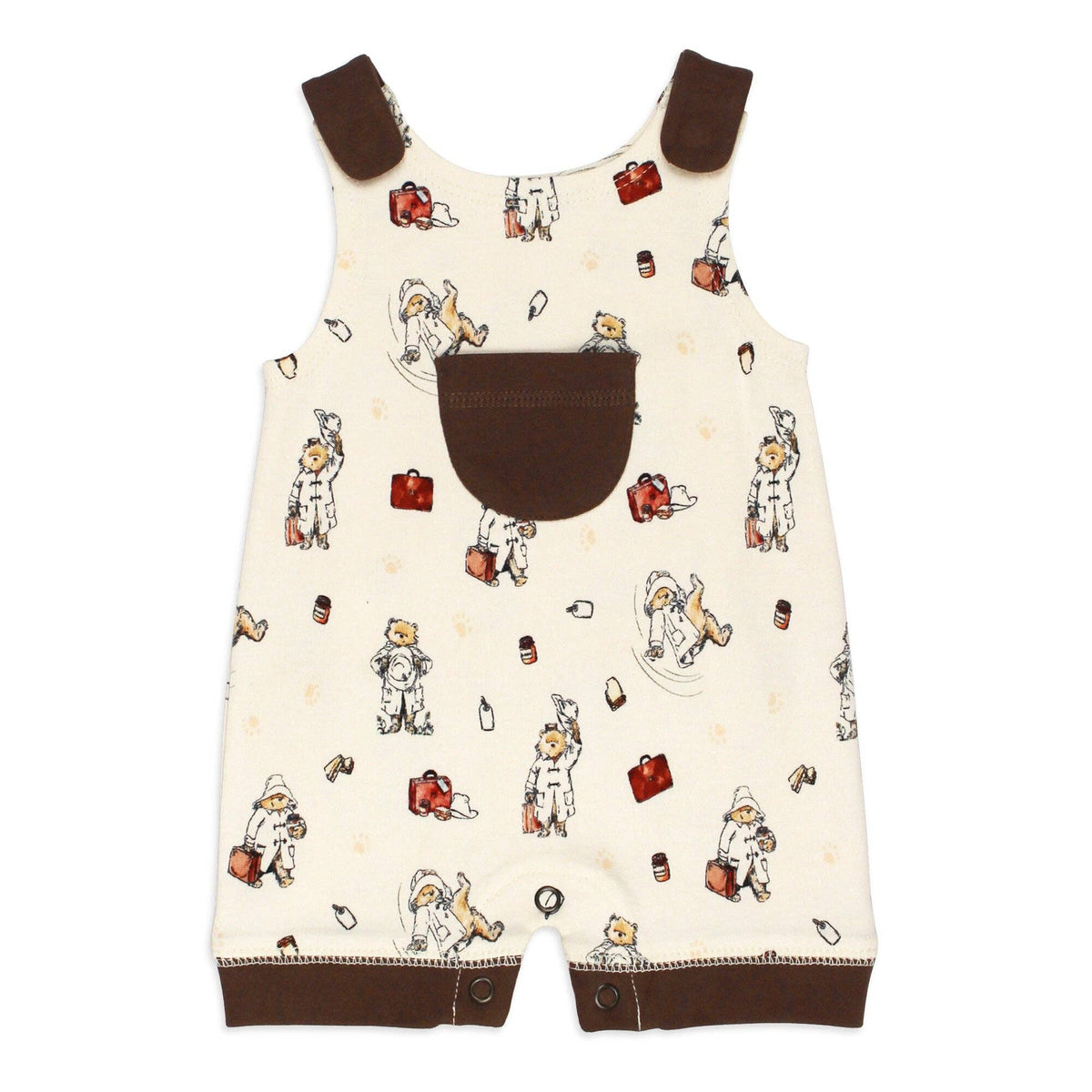 Infant overalls Paddington bear pattern on a white background