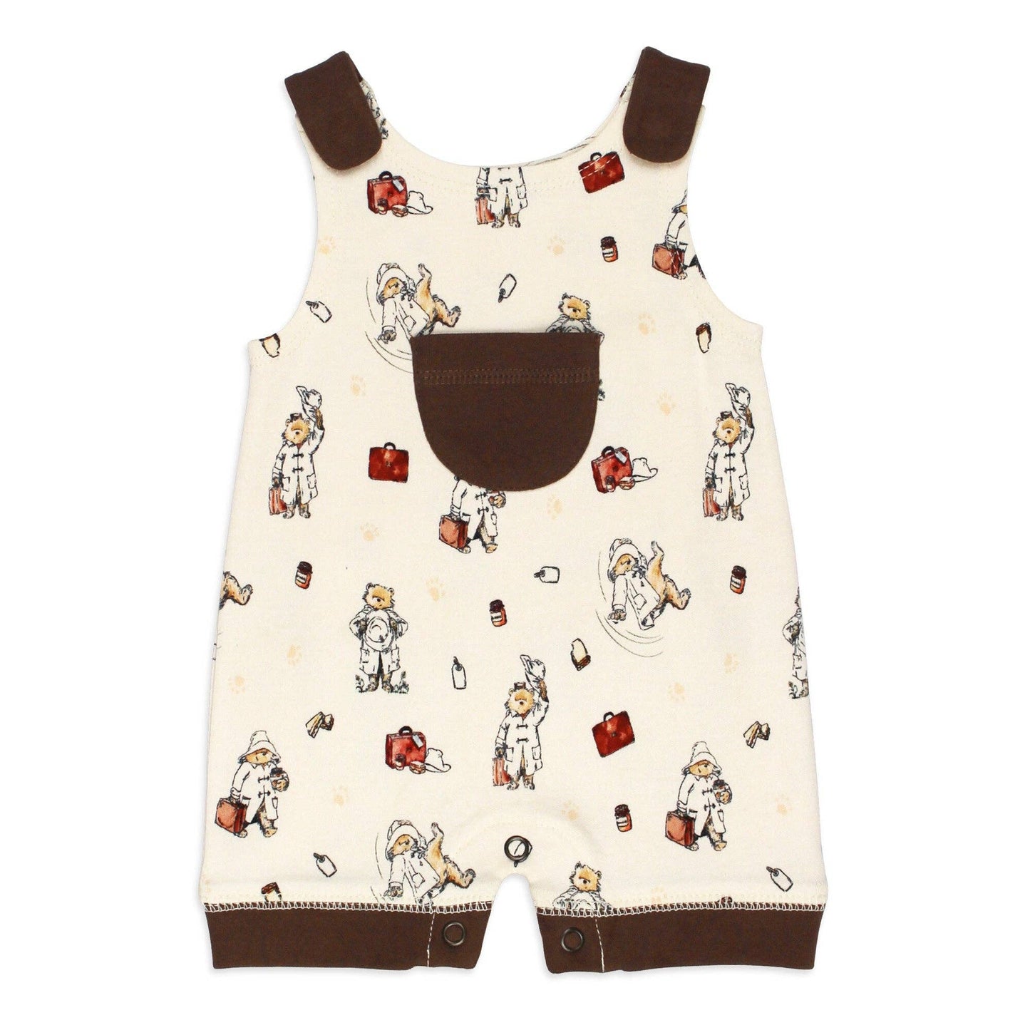 Infant overalls Paddington bear pattern on a white background