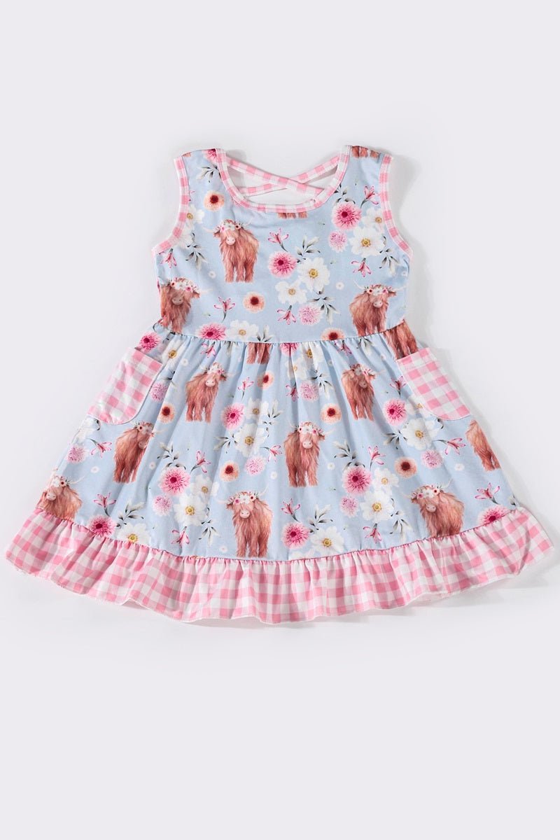 Highland cows dress with flowers and pink gingham trm