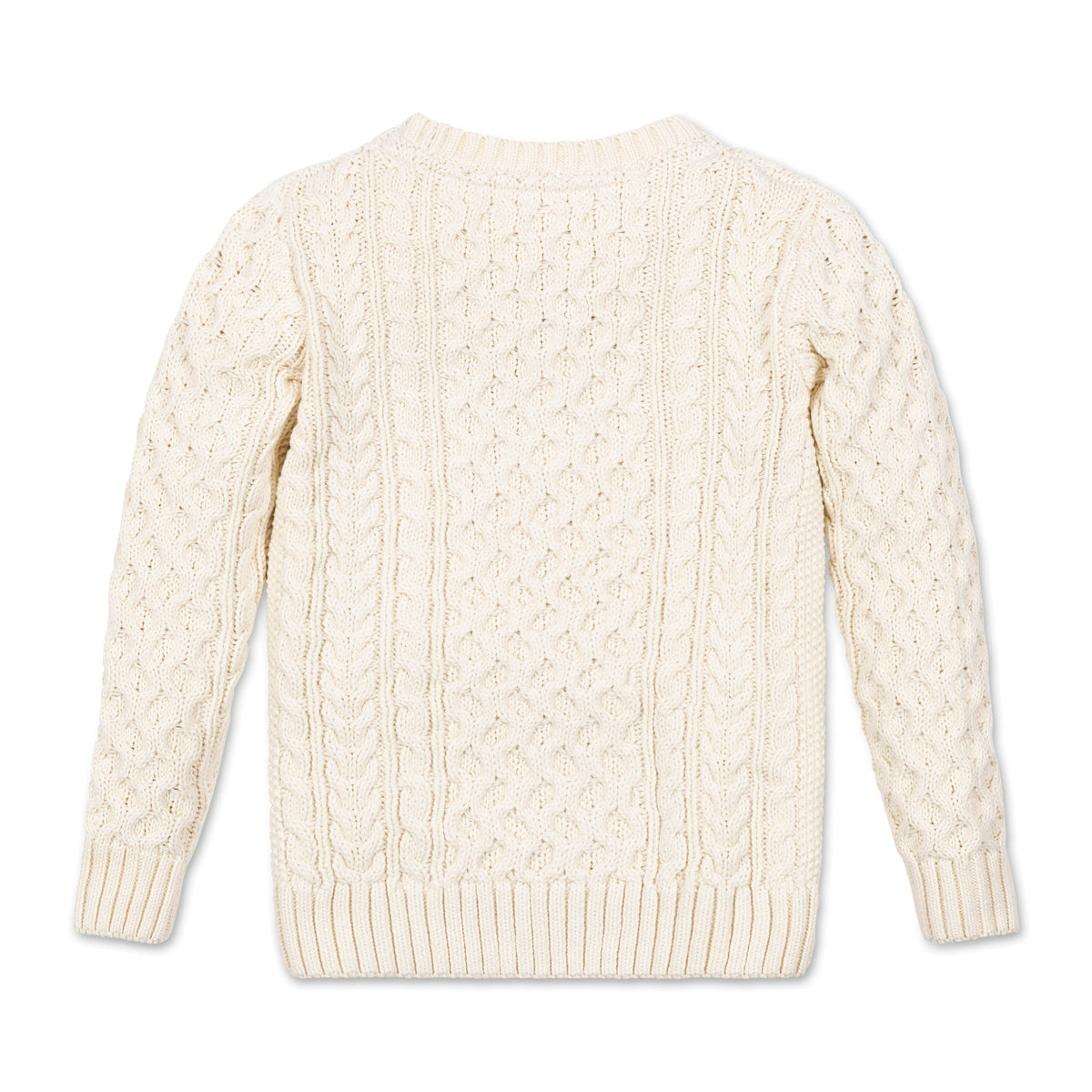 Back view of ivory organic cotton fisherman sweater for boys