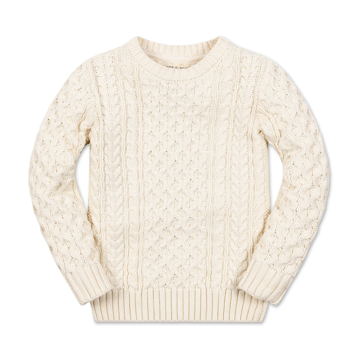 Ivory cable knit organic cotton fisherman sweater for boys, front view