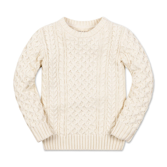 Ivory cable knit organic cotton fisherman sweater for boys, front view