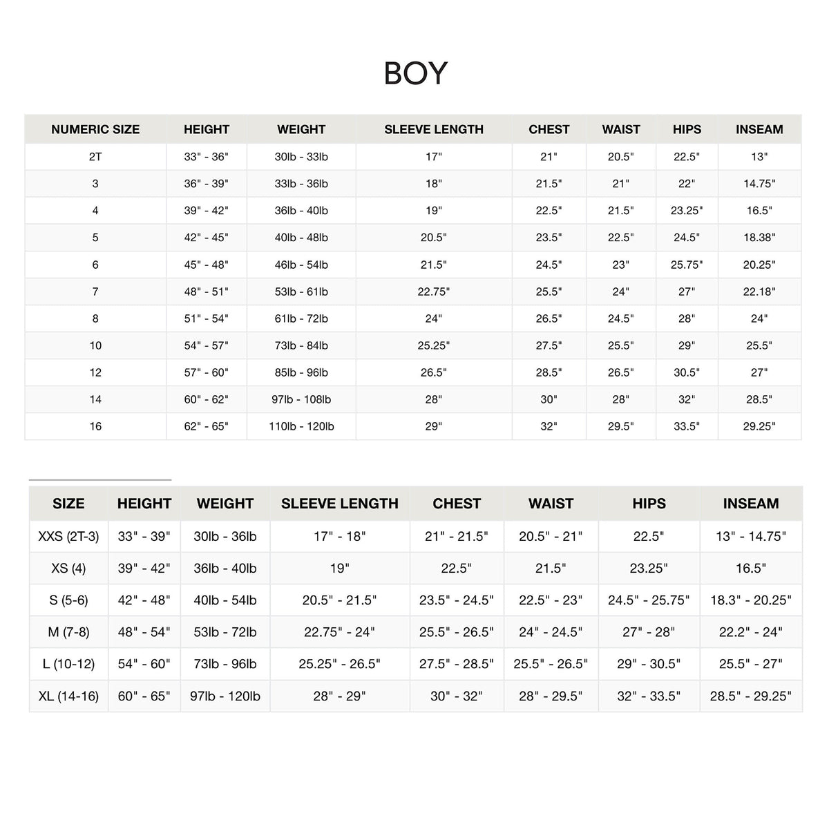 Size chart for boys’ sweaters