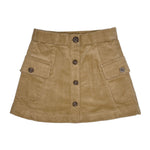 Brown corduroy skirt with button details on a white background