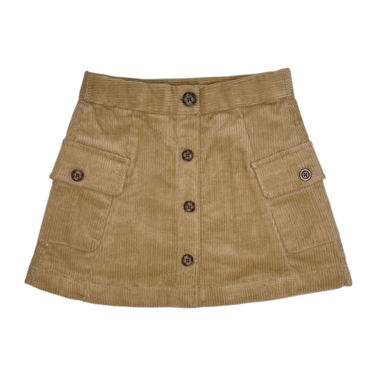Brown corduroy skirt with button details on a white background