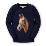 Navy sweater with horse design on a white background