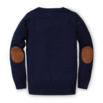 Navy blue sweater with brown elbow patches on a white background