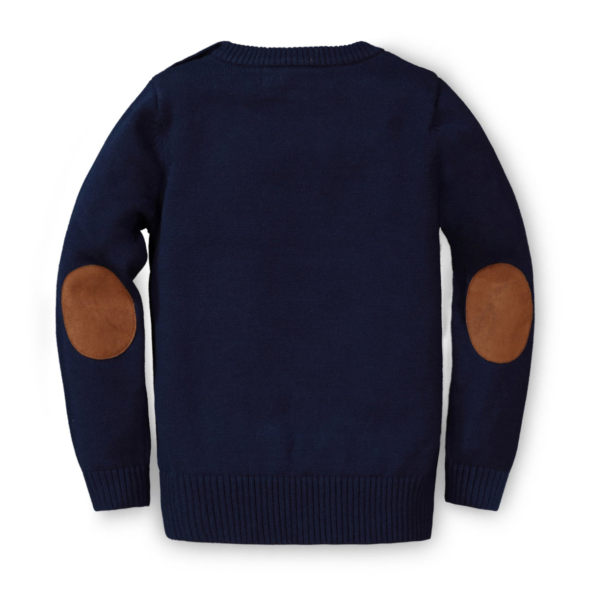 Navy blue sweater with brown elbow patches on a white background
