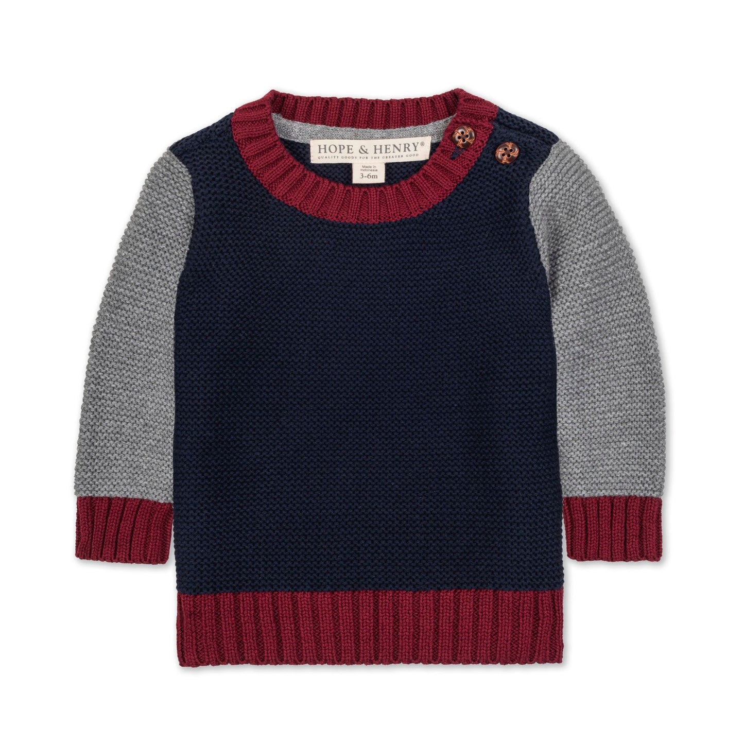 Children's sweater with red and gray sleeves and collar on a white background