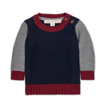 Children's sweater with red and gray sleeves and collar on a white background