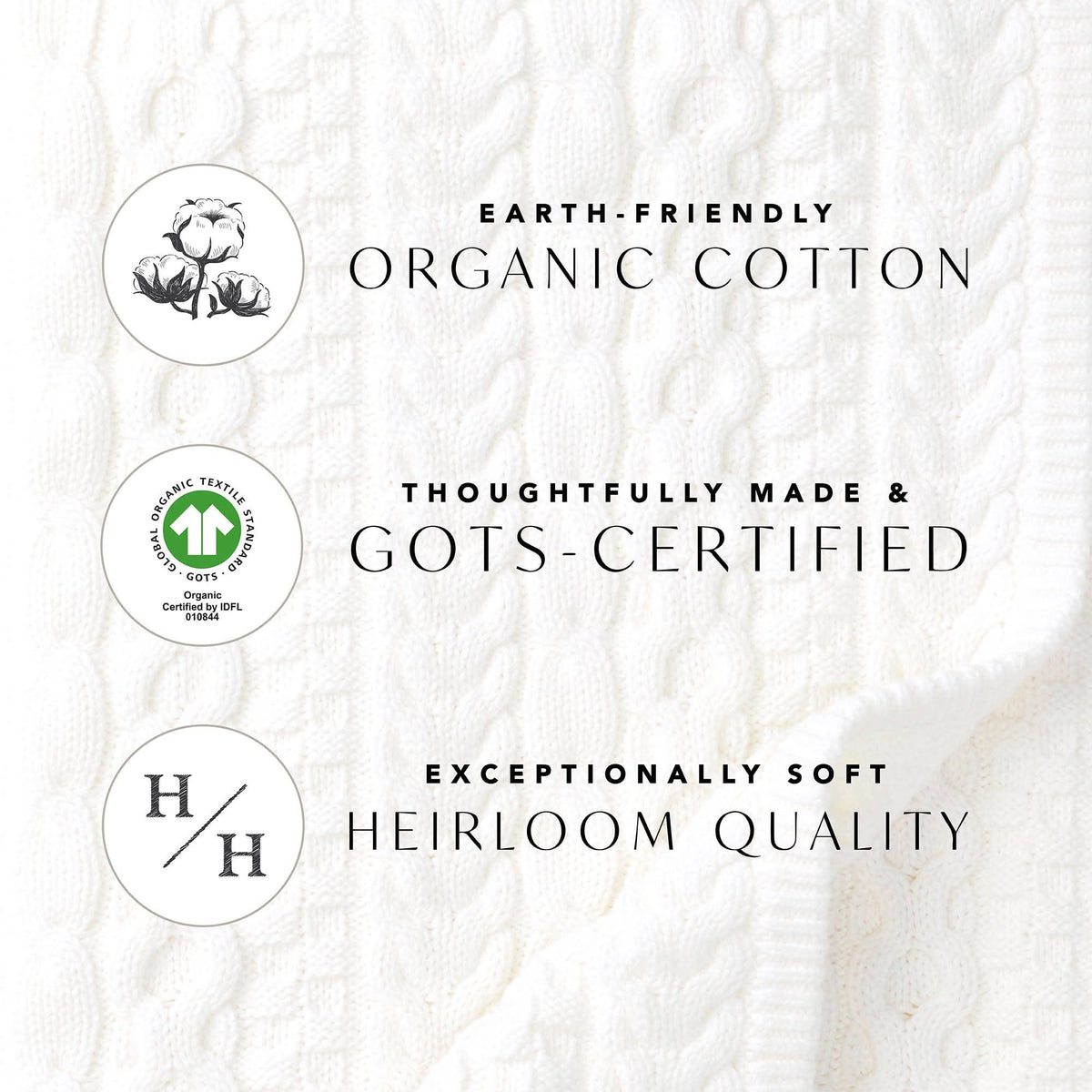 Text and logos about organic cotton with a white fabric background
