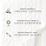 Text and logos about organic cotton with a white fabric background