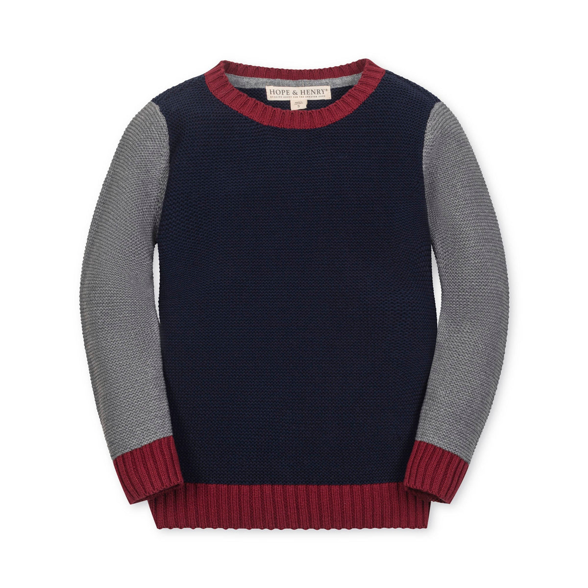Children's sweater with navy body, gray sleeves, and red cuffs and hem on a white background.