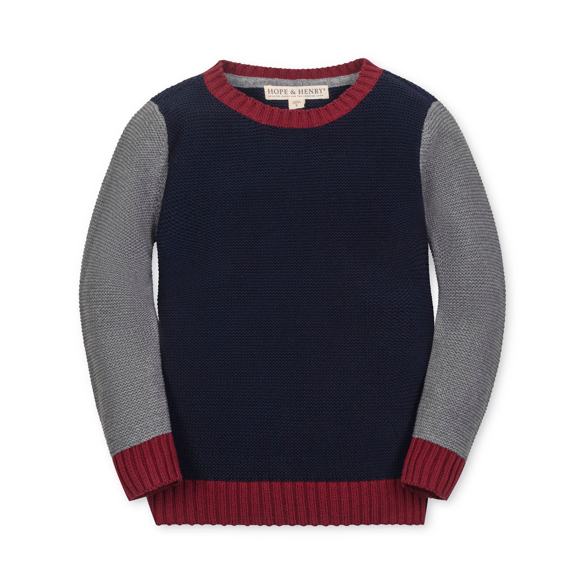 Children's sweater with navy body, gray sleeves, and red cuffs and hem on a white background.