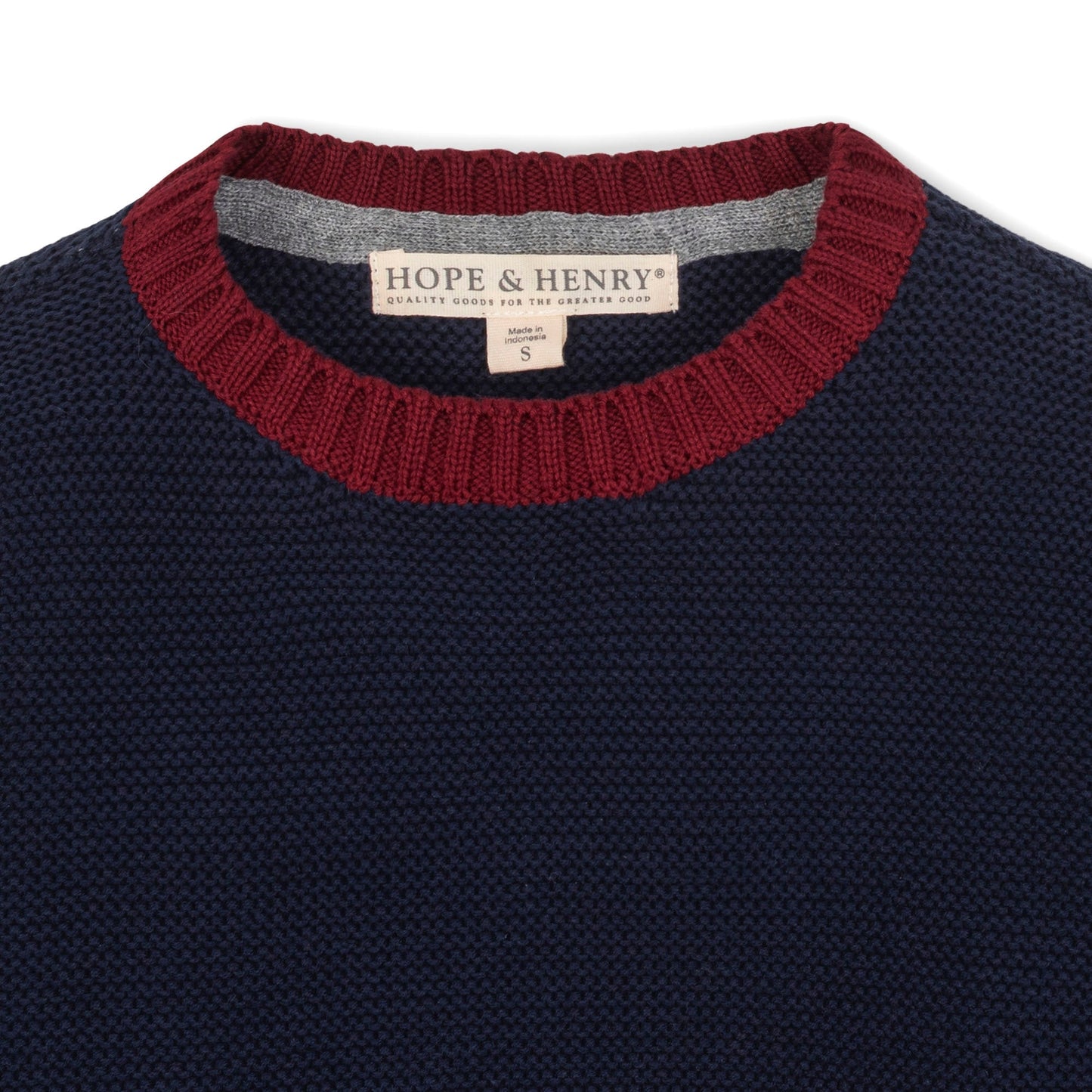Navy sweater with red collar and Hope & Henry label on a white background