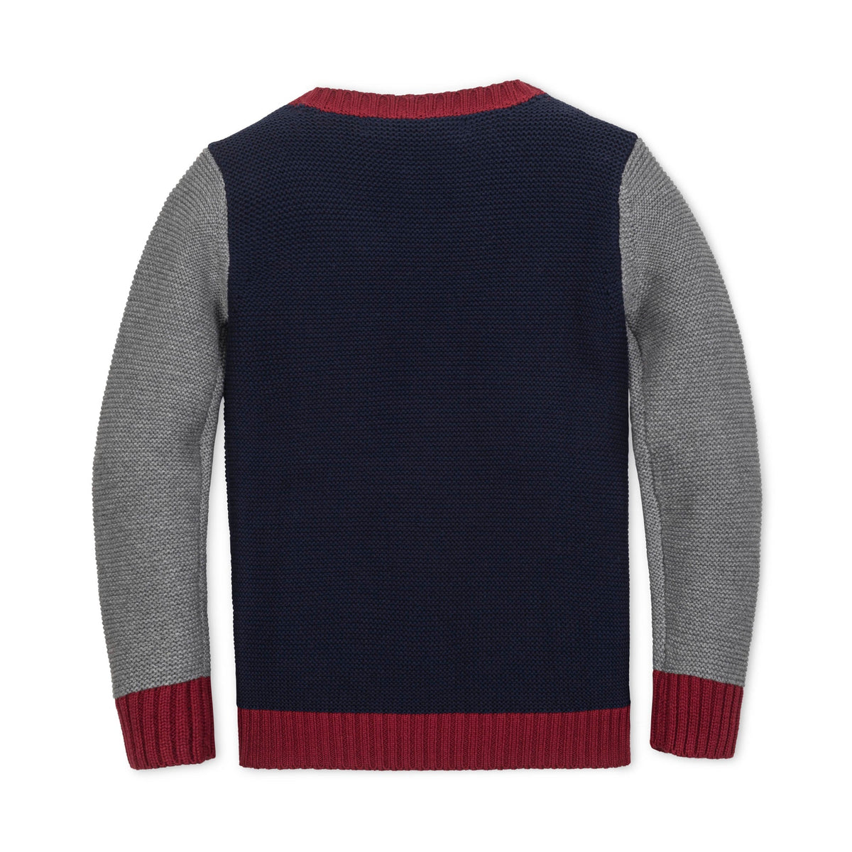 Back view of a sweater with color-blocked sleeves and red accents on a white background