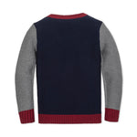 Back view of a sweater with color-blocked sleeves and red accents on a white background