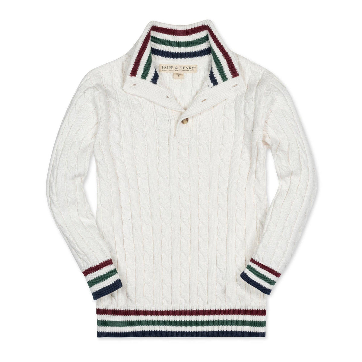 White sweater with colorful striped collar and cuffs on a white background