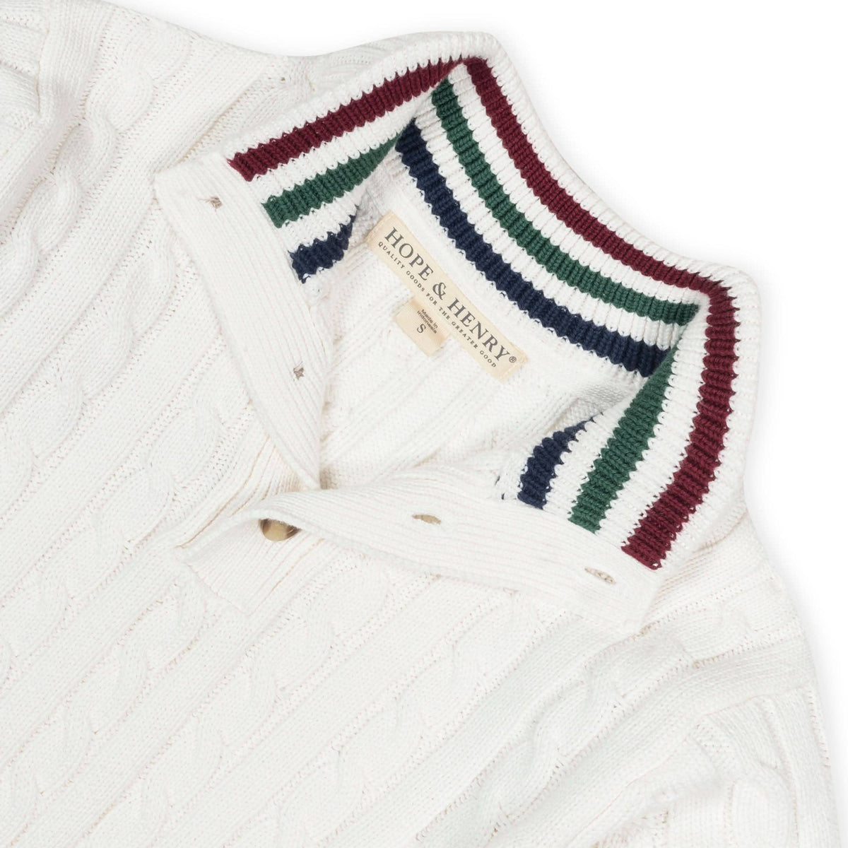 White cable knit sweater with striped collar on a white background, featuring the Hope & Henry brand.