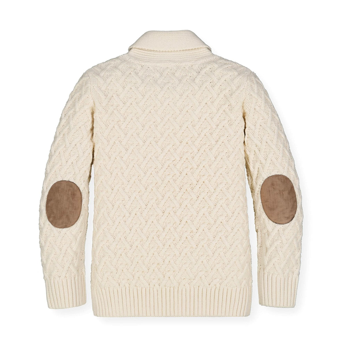 Beige knitted sweater with elbow patches on a white background