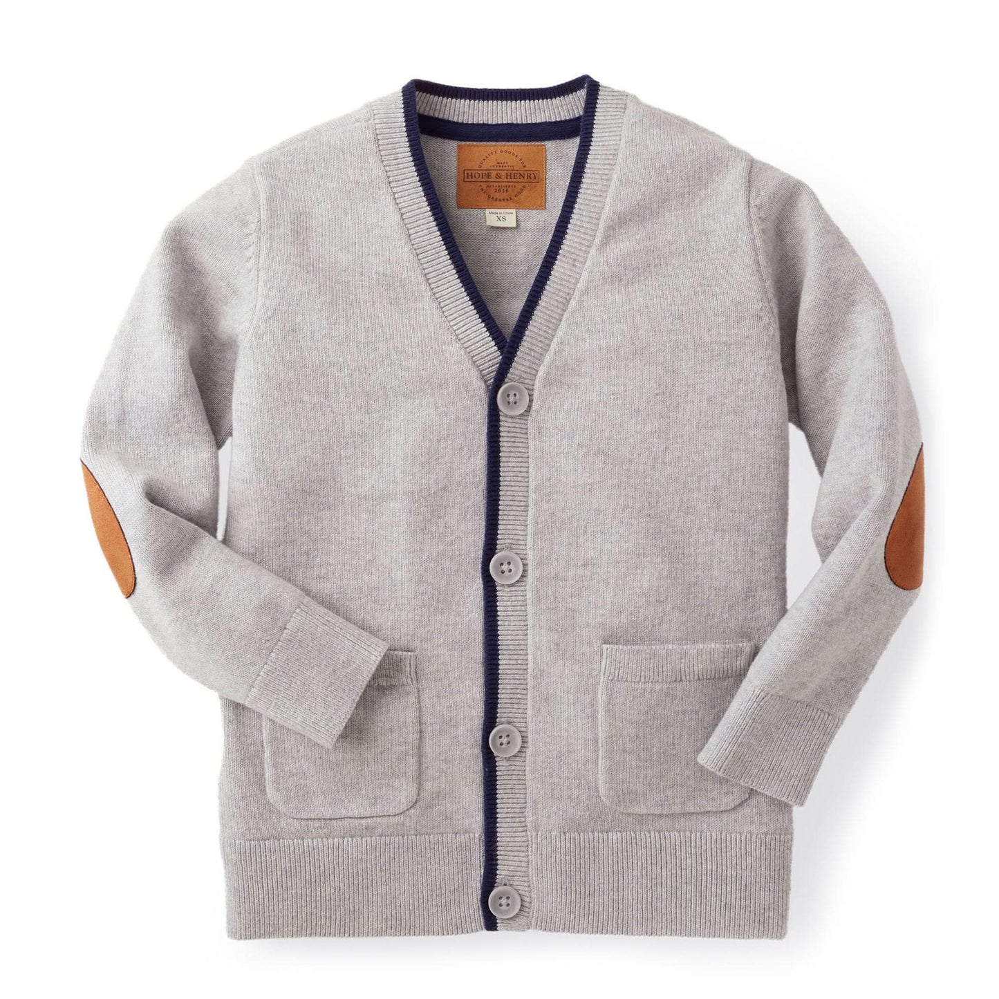 Gray cardigan with brown elbow patches on a white background
