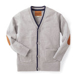 Gray cardigan with brown elbow patches on a white background