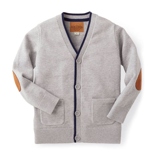 Gray cardigan with brown elbow patches on a white background