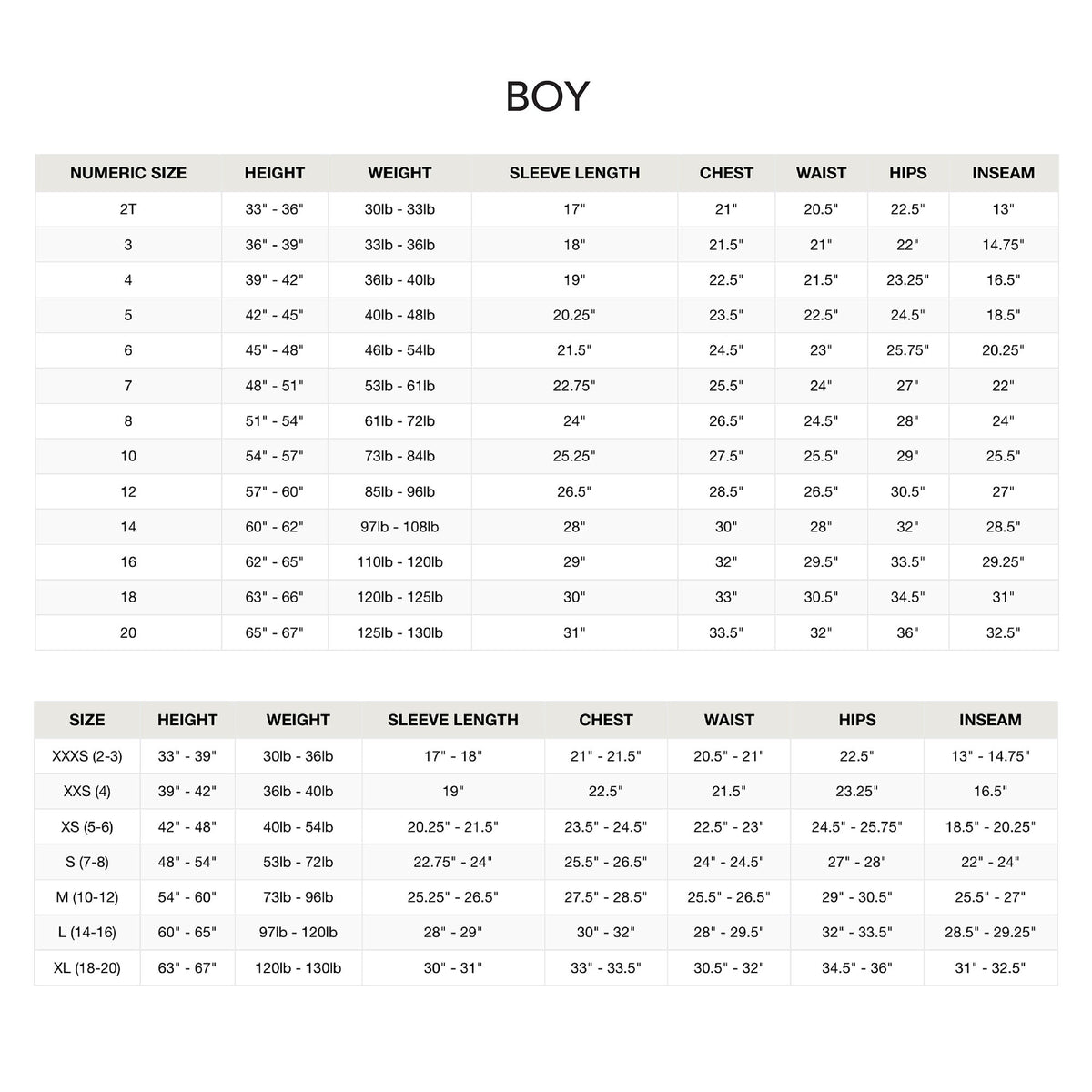 Size chart for boys with measurements including height, weight, sleeve length, chest, waist, hips, and inseam.