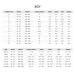 Size chart for boys with measurements including height, weight, sleeve length, chest, waist, hips, and inseam.