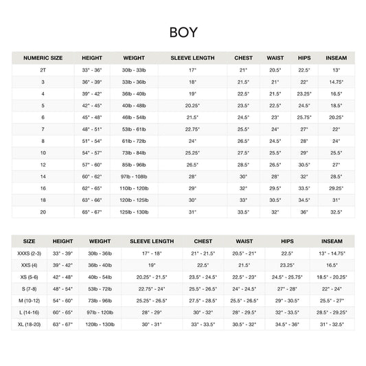 Size chart for boys with measurements including height, weight, sleeve length, chest, waist, hips, and inseam.