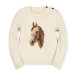 Cream-colored sweater with horse design on a white background