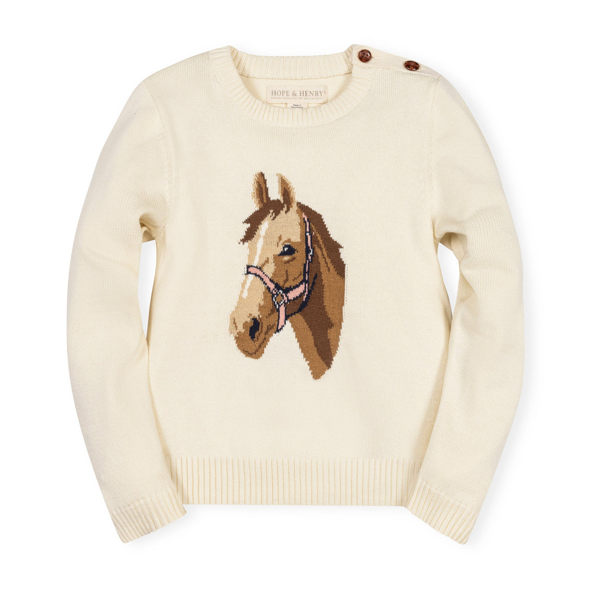 Cream-colored sweater with horse design on a white background
