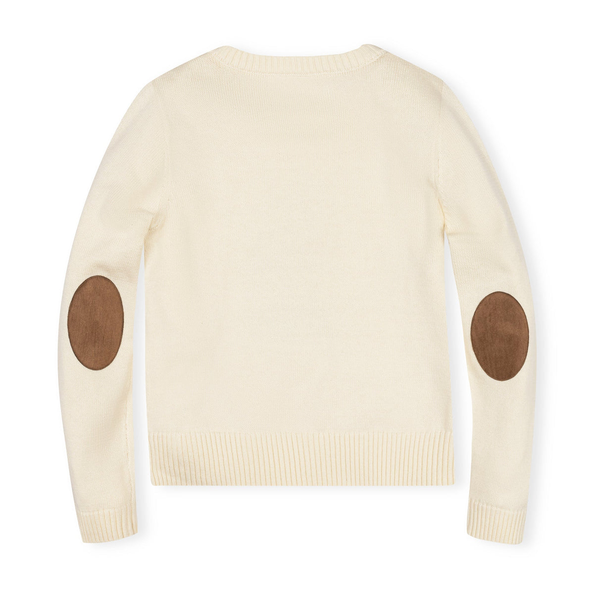 A cream-colored knit sweater with brown oval elbow patches, shown from the back on a white background.