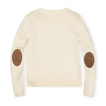 A cream-colored knit sweater with brown oval elbow patches, shown from the back on a white background.