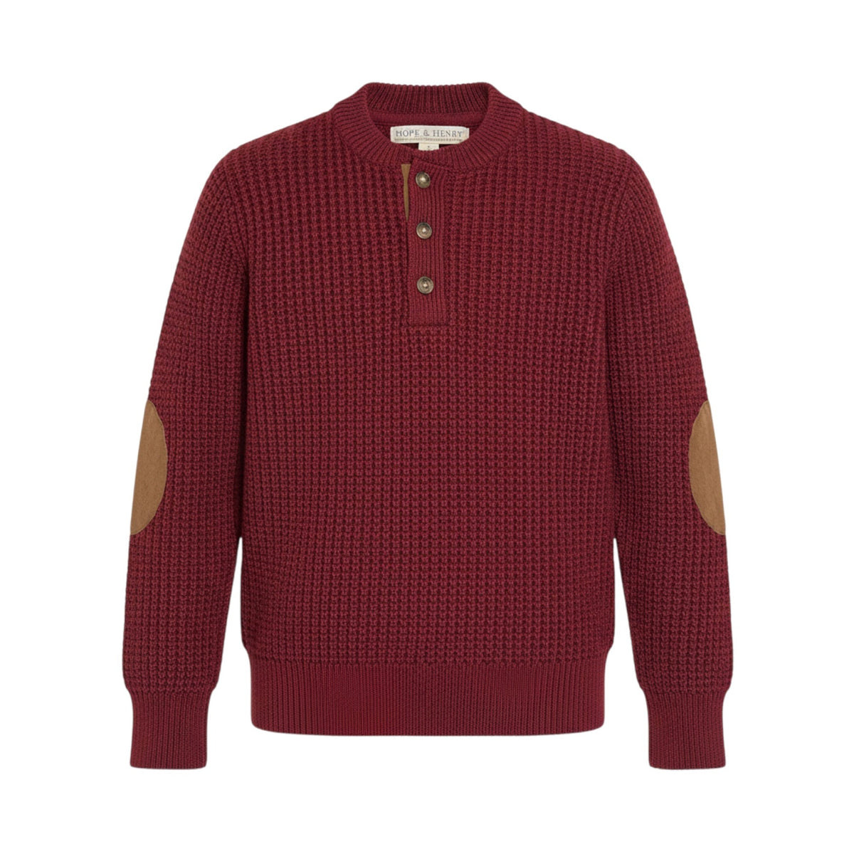 Red sweater with brown elbow patches on a white background